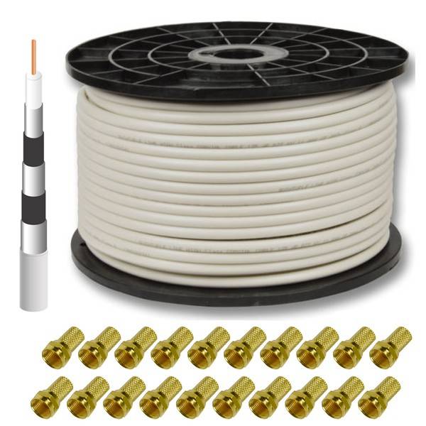 PremiumX DELUXE PRO Koaxial Kabel 5-Fach geschirmt, reines Kupfer 100 Meter SAT Antennenkabel + 20 F-Stecker 8mm