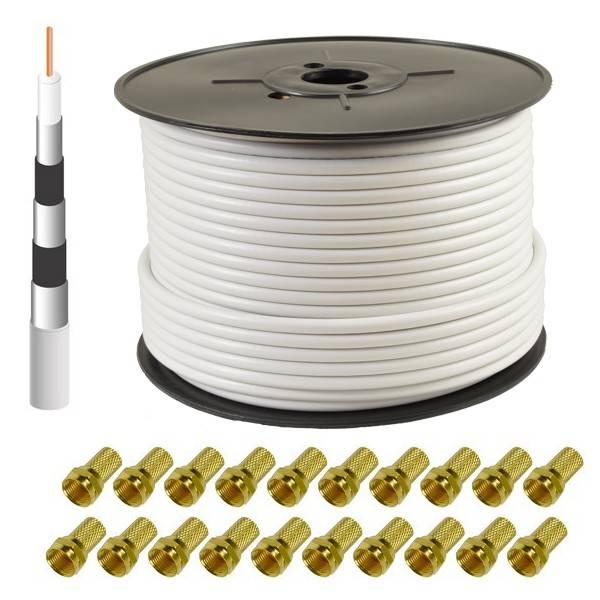 PremiumX DELUXE PRO Koaxial Kabel 5-Fach geschirmt, reines Kupfer 100 Meter SAT Antennenkabel + 20 F-Stecker 8mm