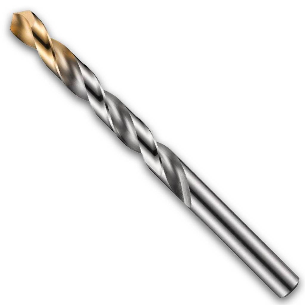 Ein Metallwendelbohrer mit einer goldbeschichteten Spitze, diagonal auf weißem Hintergrund dargestellt.