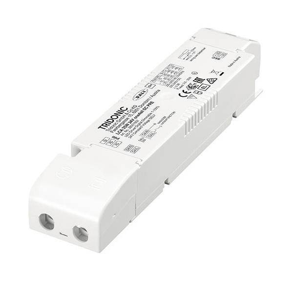 Ein weißes elektronisches Bauteil mit der Bezeichnung Tridonic, das für Beleuchtungsanwendungen verwendet wird. Es verfügt über verschiedene Zertifizierungen und Ein-/Ausgabedetails.