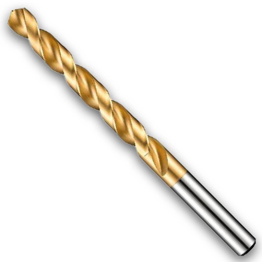 Ein goldener Spiralbohrer mit silbernem Schaft, diagonal auf weißem Hintergrund dargestellt.
