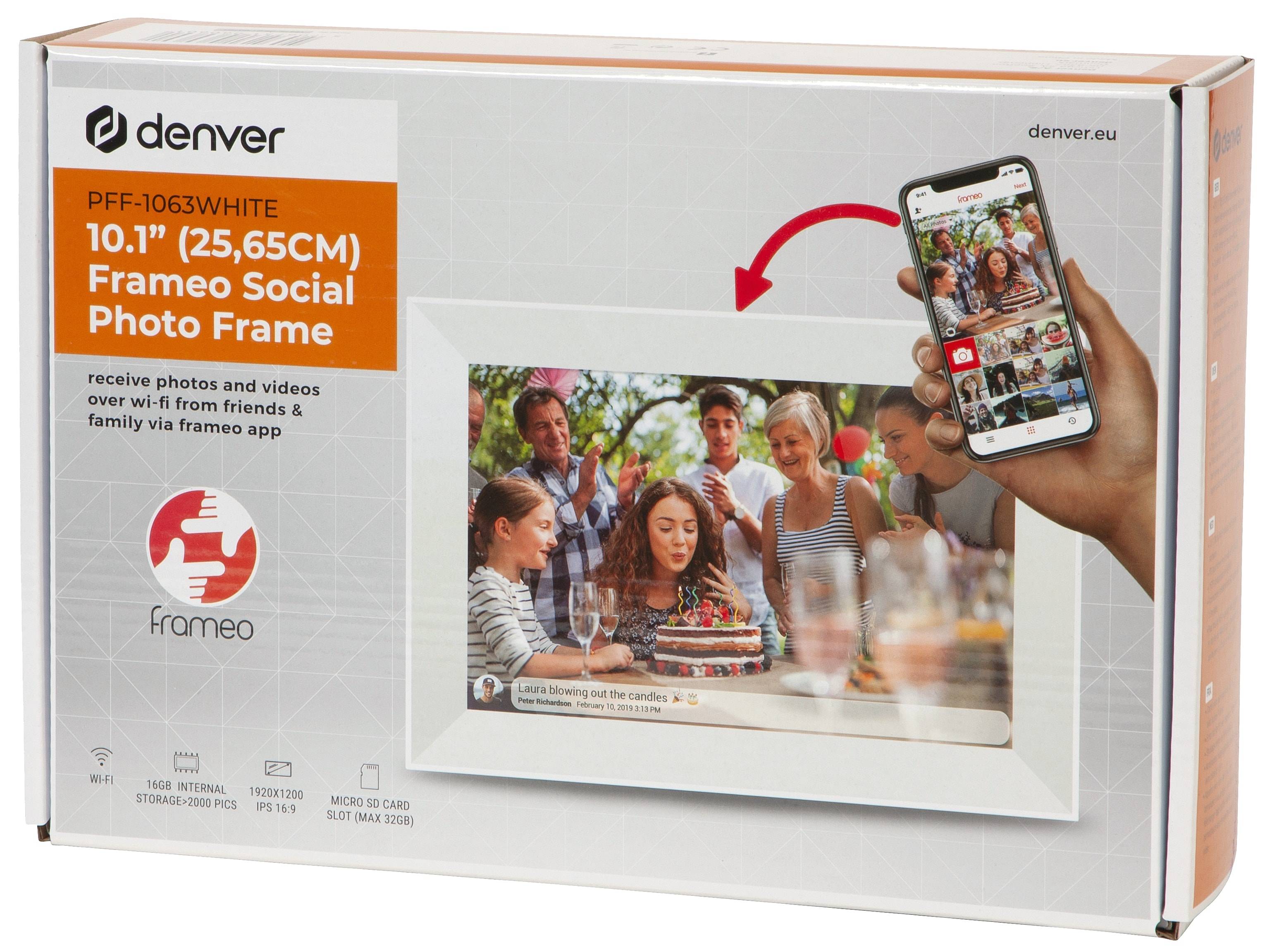 Verpackung eines digitalen Bilderrahmens zeigt Menschen, die einen Geburtstag feiern. Eine Hand hält ein Smartphone und zeigt damit die Möglichkeit der drahtlosen Fotoweitergabe an.