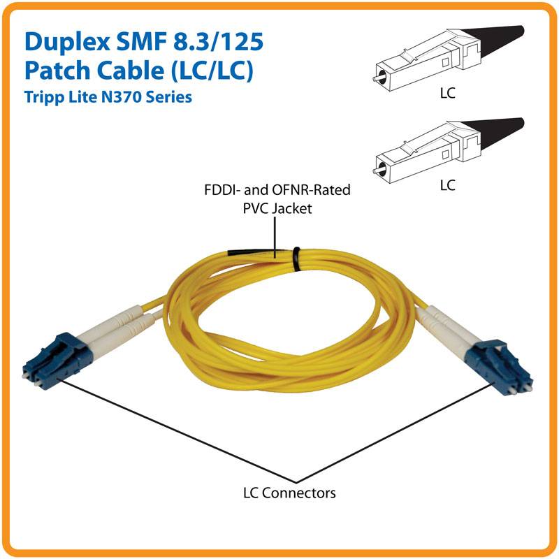 Produktbild eines gelben Duplex-SMF-8,3/125-LC/LC-Patchkabels mit der Bezeichnung Tripp Lite N370-Serie, mit LC-Steckern und PVC-Mantel.