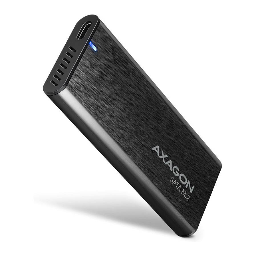 Schwarzes AXAGON SATA M.2 externes Laufwerk-Gehäuse, in schräger Ansicht mit blauer Anzeigeleuchte und Anschlussöffnungen an der oberen Kante.