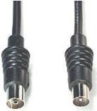 Zwei schwarze koaxiale Kabel mit männlichen Steckern sind nach unten zeigend vor einem einfachen Hintergrund dargestellt.