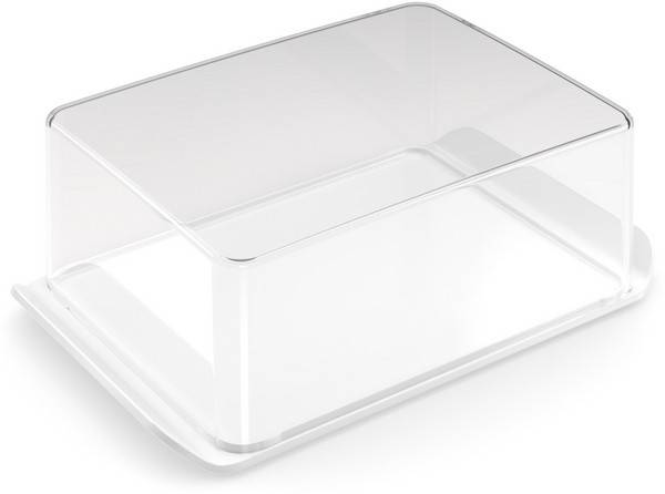 Klare rechteckige Kunststoff-Aufbewahrungsbox mit abgerundeten Ecken und passendem Deckel, shown on a white background.