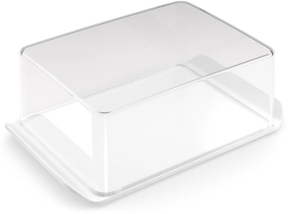 Transparente, rechteckige Acrylbox mit glatten Ecken. Das Bild zeigt die Klarheit und das minimalistische Design der Box vor einem weißen Hintergrund.