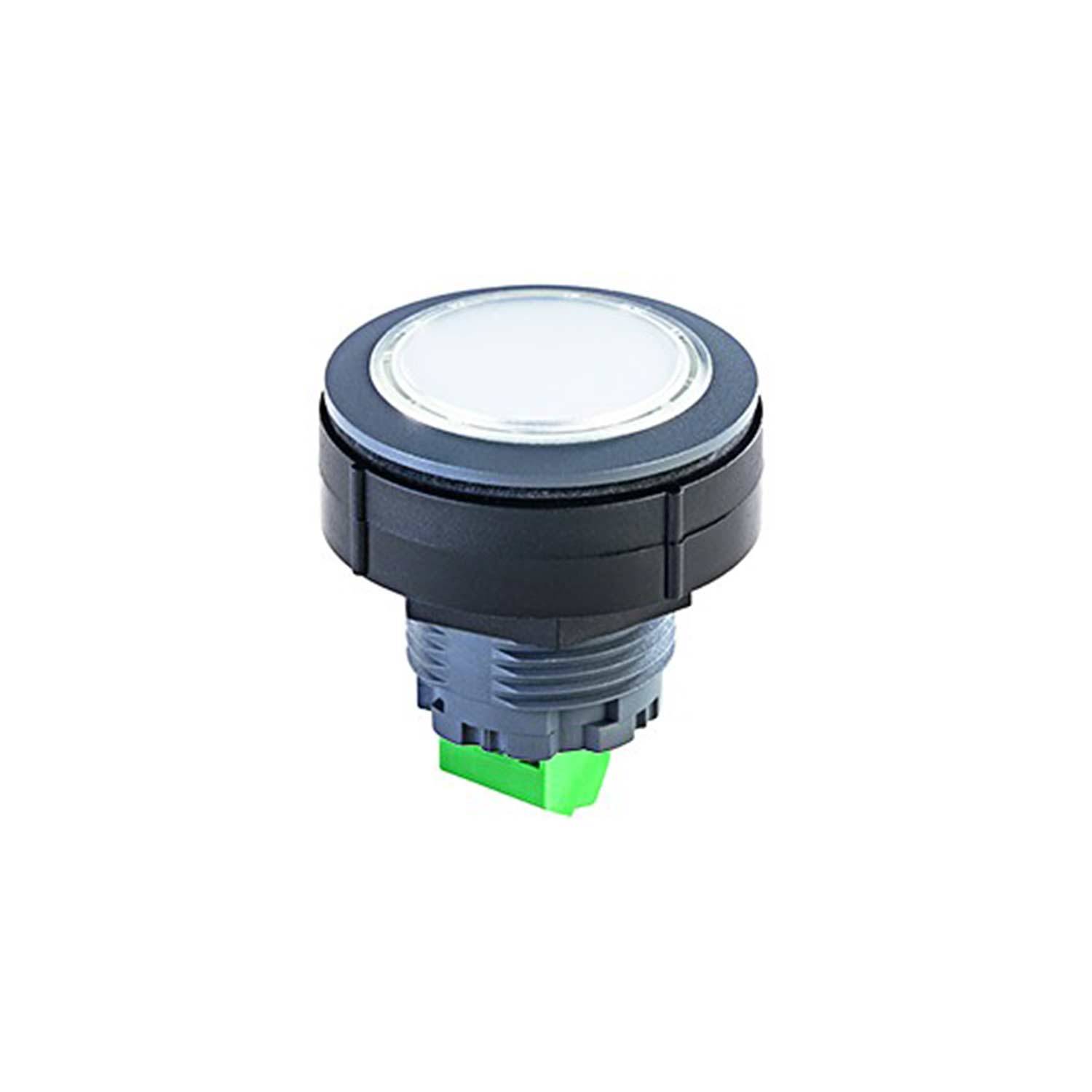 Ein runder, schwarzweißer Druckknopf mit einem grünen Anschluss am unteren Ende, der häufig in industriellen Maschinensteuerungen verwendet wird.