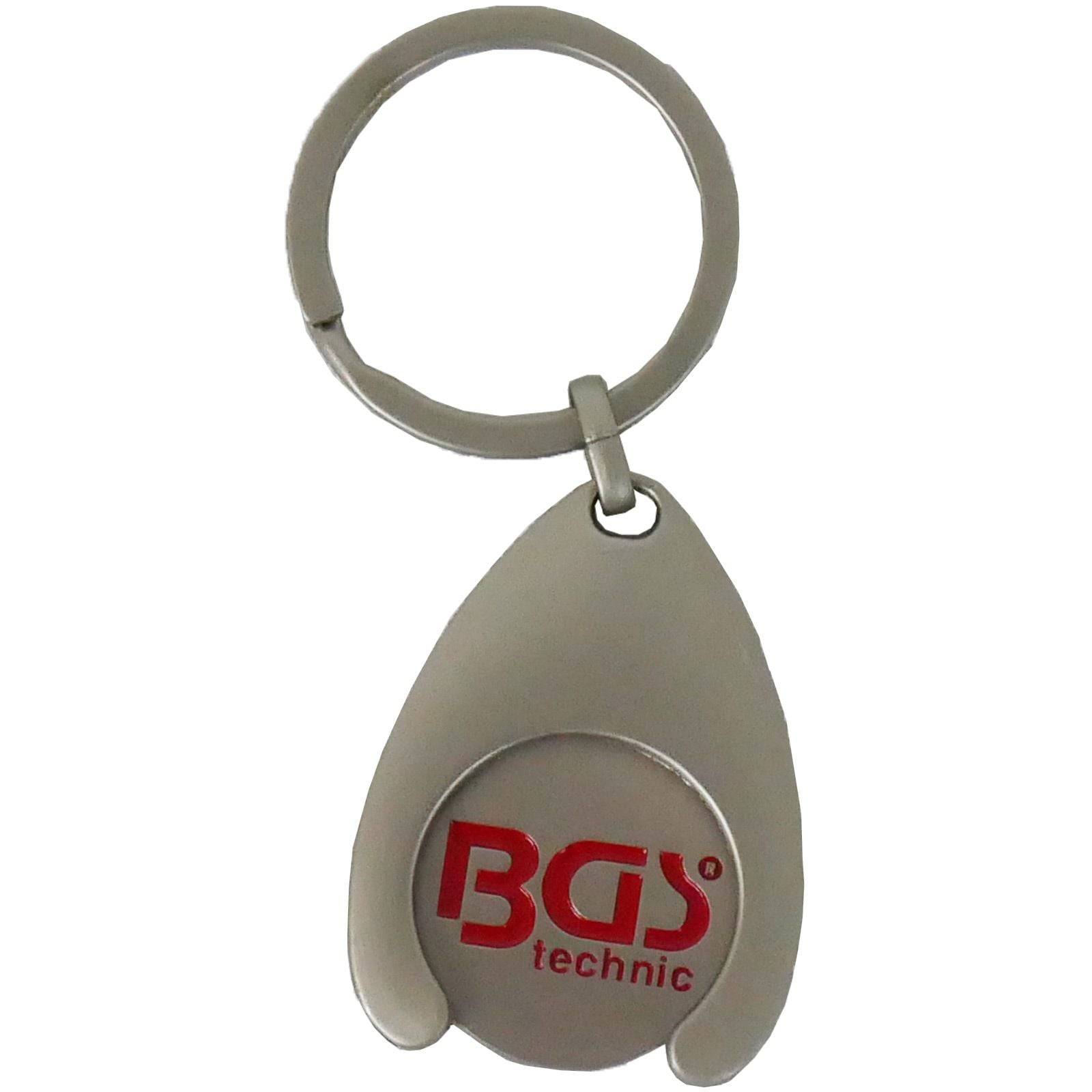 Silberner Schlüsselanhänger mit rotem Logo 