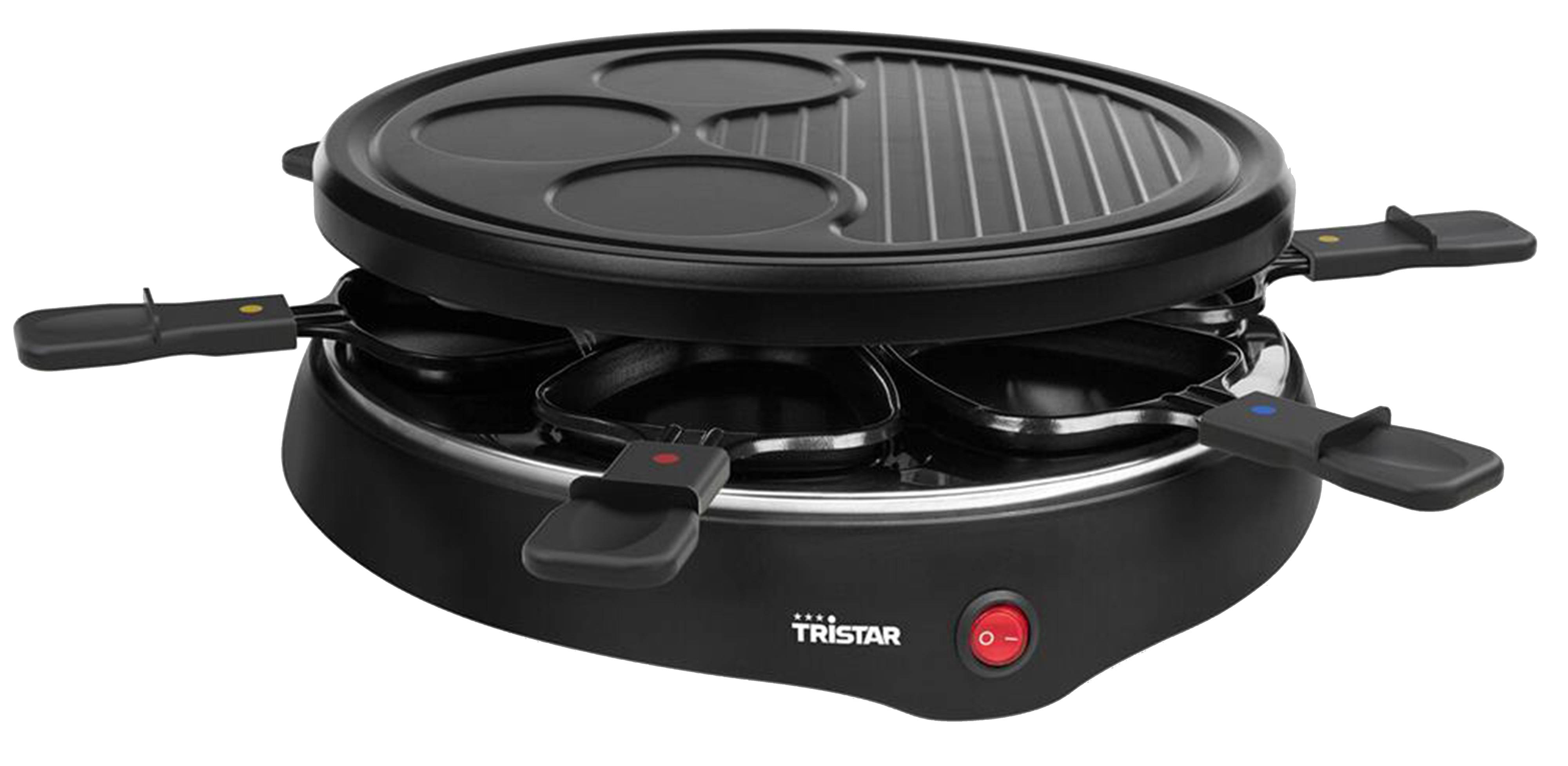 Schwarzer Tristar-Elektrogrill mit dreiteiliger Kochfläche und Deckel, geöffnet dargestellt mit mehreren Griffen und rotem Schalter.
