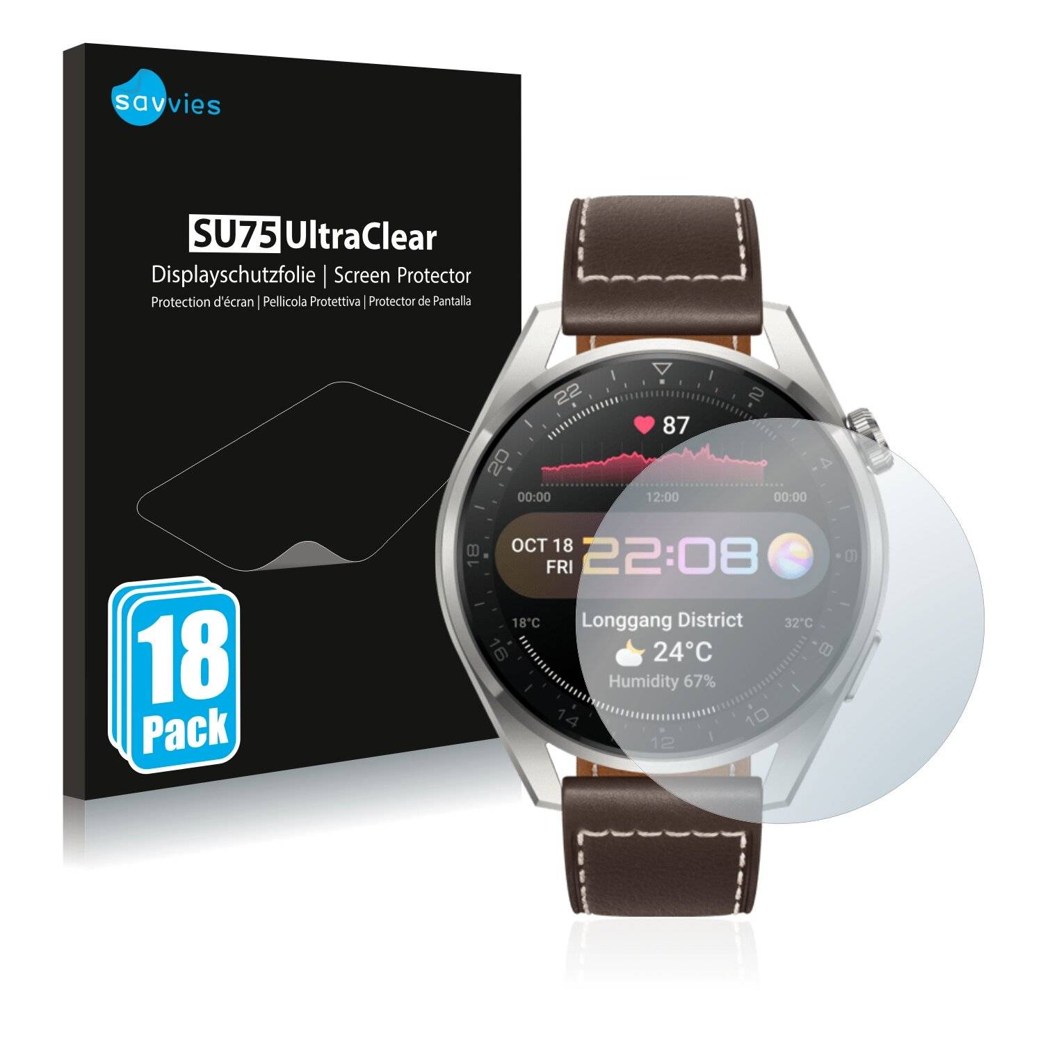 18x Savvies SU75 Displayschutzfolie für Huawei Watch 3