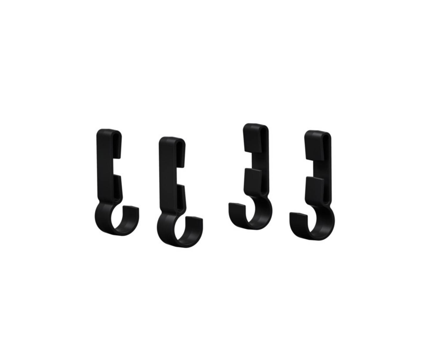 Vier schwarze Kunststoffhaken oder Clips in einer Reihe auf weißem Hintergrund.