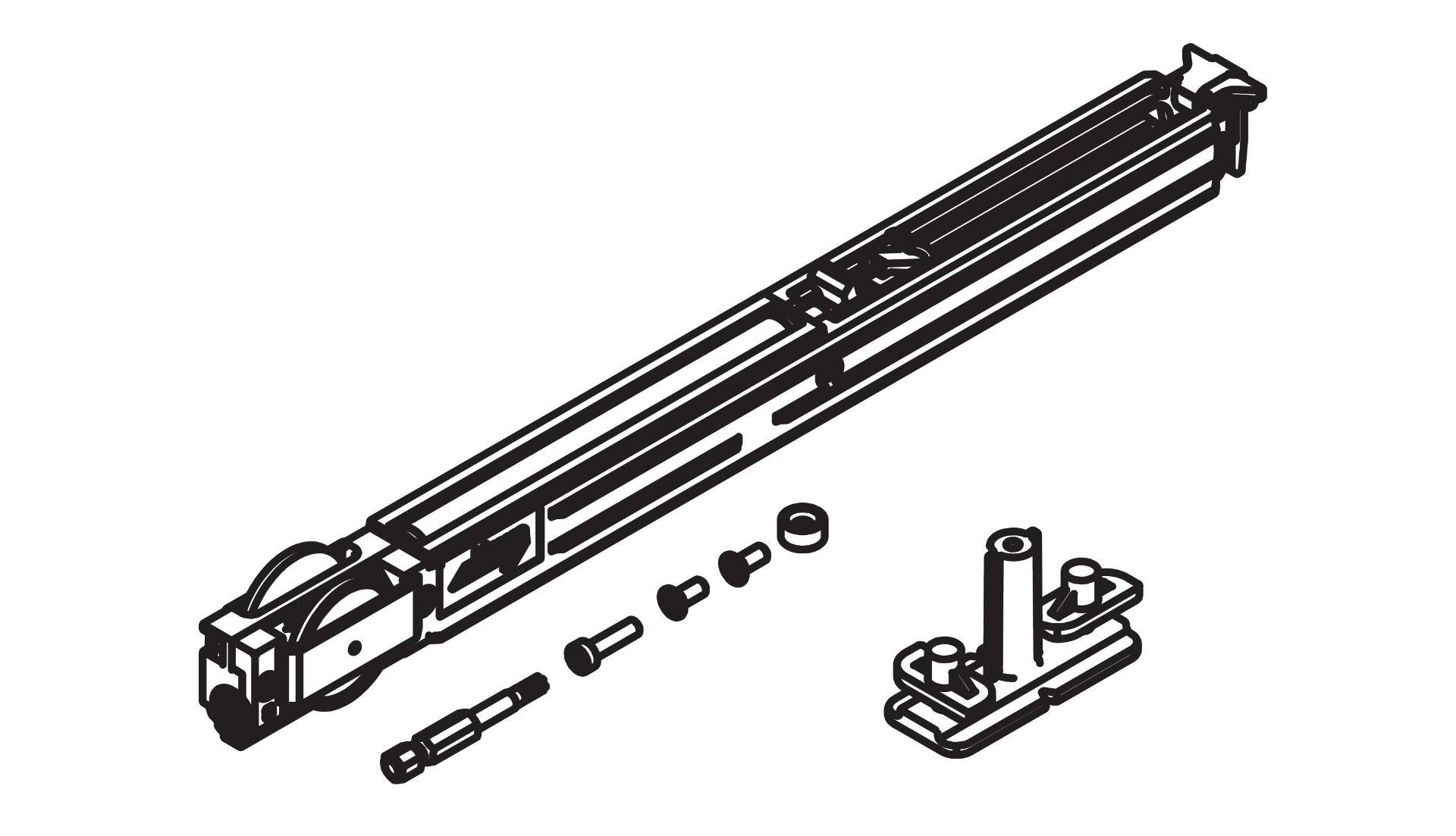 Diagramm einer Teleskop-Schubladenschiene-Baugruppe, das Komponenten wie Schrauben, eine Halterung und einen Schiebelaufmechanismus zur Montage zeigt.