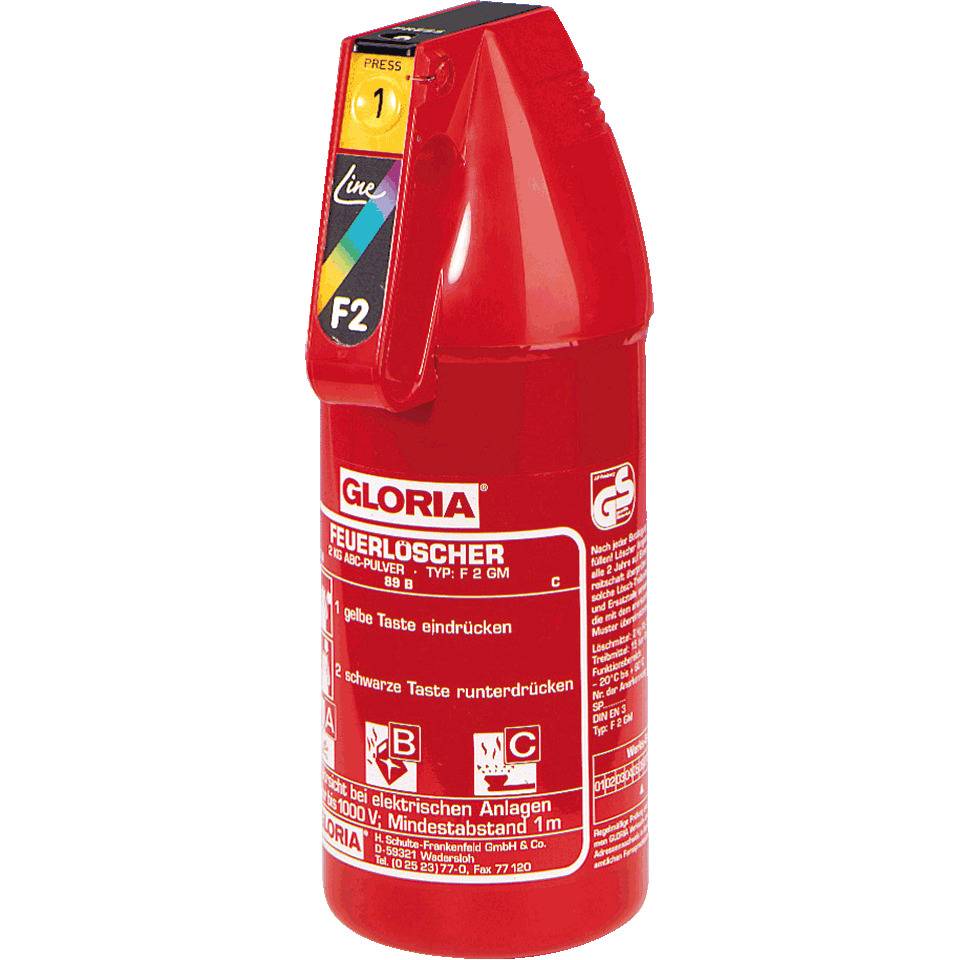 GLORIA Auto-Feuerlöscher F2G, EN 3, Leistungsklasse A/B, ABC-Pulver, 2kg