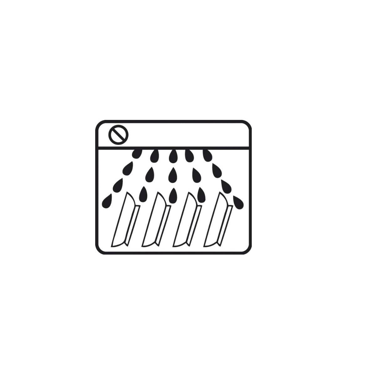 Symbol für schräg angeordnete Geschirrteile mit Wassertropfen oben, das die korrekte Anordnung für optimale Reinigung in der Spülmaschine anzeigt.