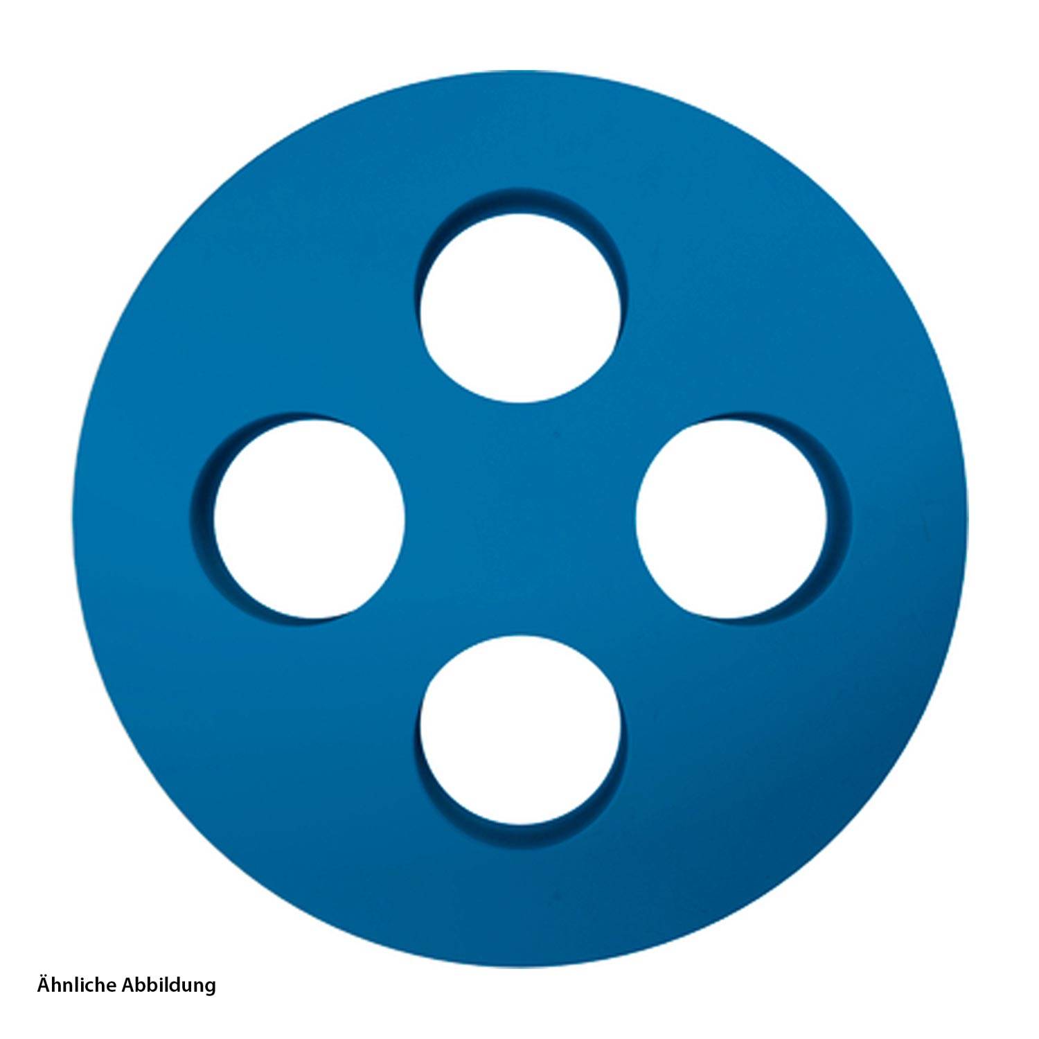 Eine blaue Scheibe mit vier kreisförmigen Aussparungen, die in einem Kreuzmuster angeordnet sind.