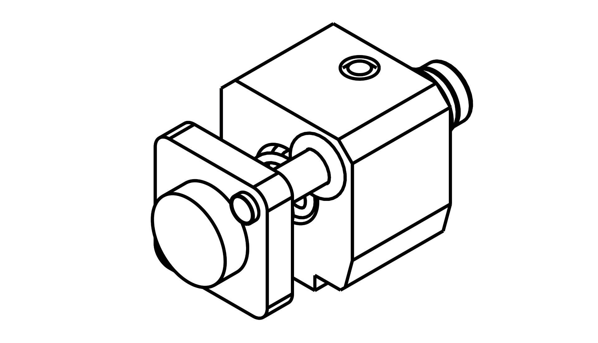 Isometrische Darstellung eines rechteckigen mechanischen Bauteils mit einem zylindrischen Vorsprung auf einer Seite und einem kleinen Loch oben.