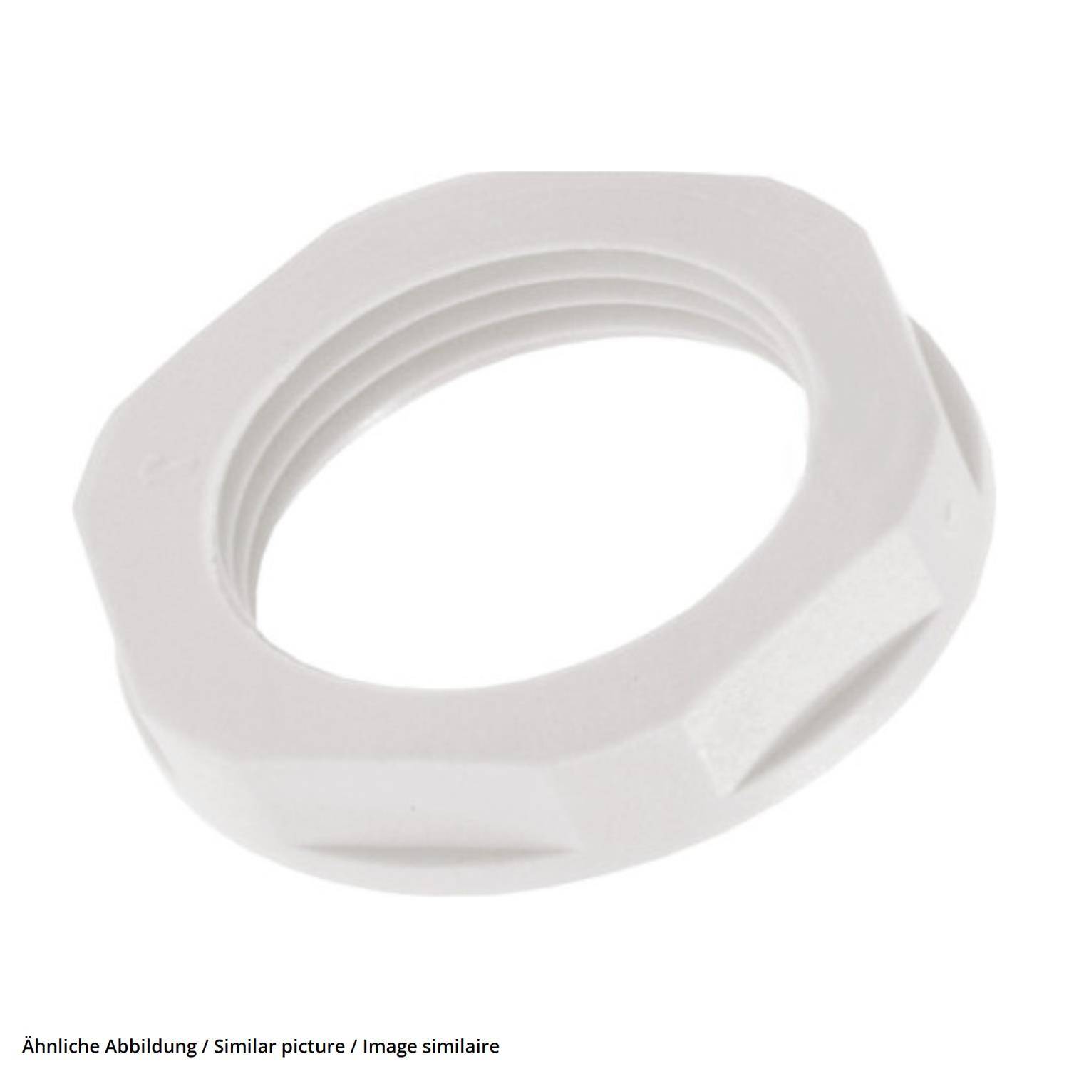 Eine weiße, sechseckige Kunststoffmutter.