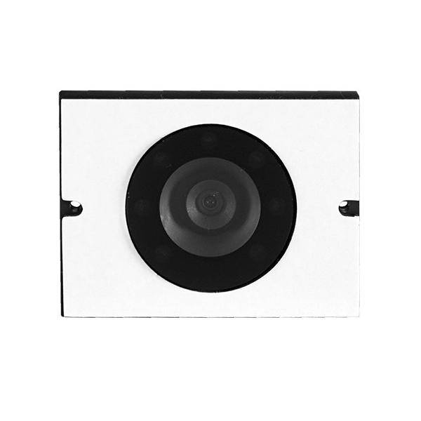 Ein kleines, nach vorne gerichtetes Kameramodul mit einer schwarzen Linse in der Mitte auf weißem quadratischen Hintergrund.