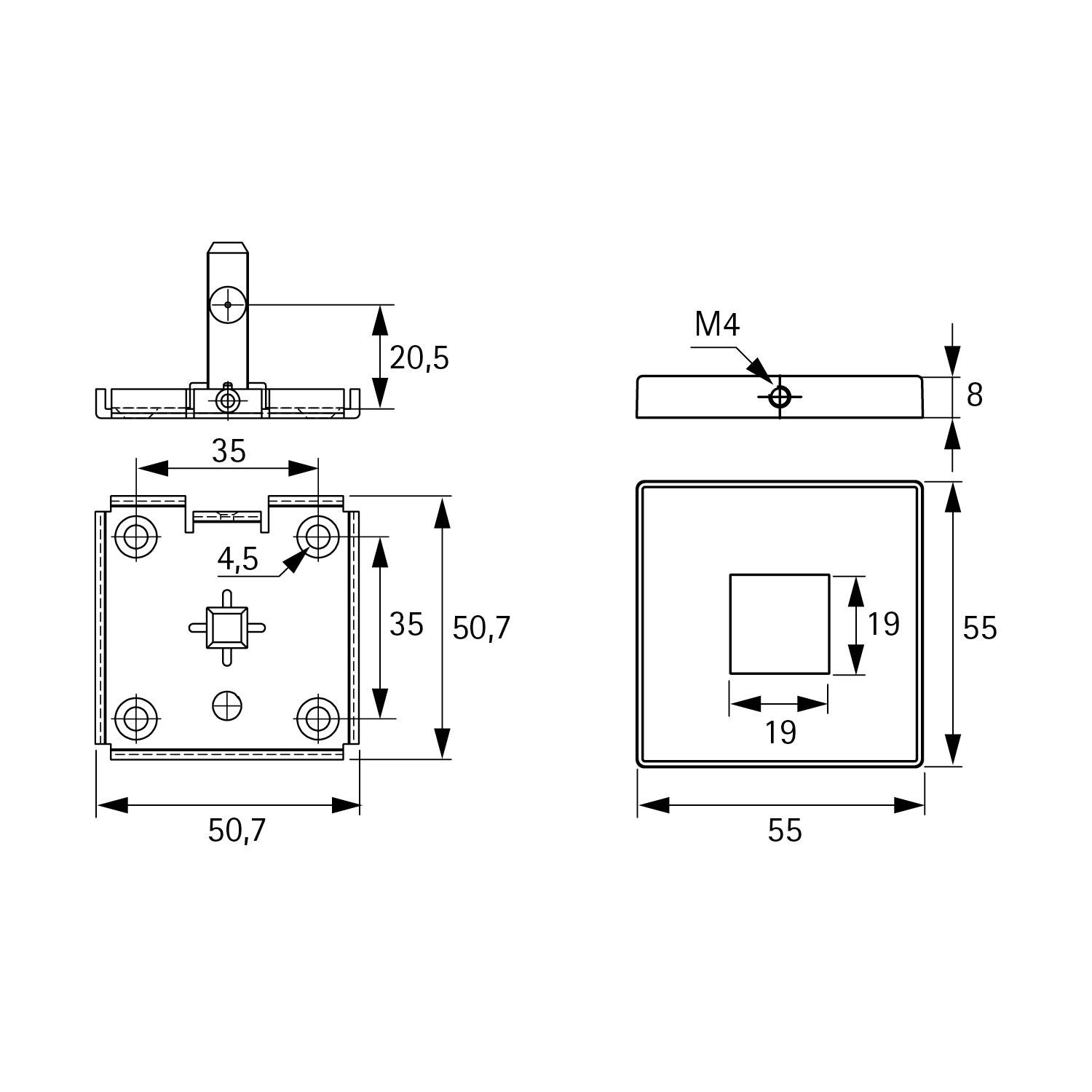 Technisches Diagramm mit den Abmessungen eines quadratischen Verriegelungsmechanismus: 50,7 mm Breite, 35 mm Höhe, 19 mm quadratischer Ausschnitt.