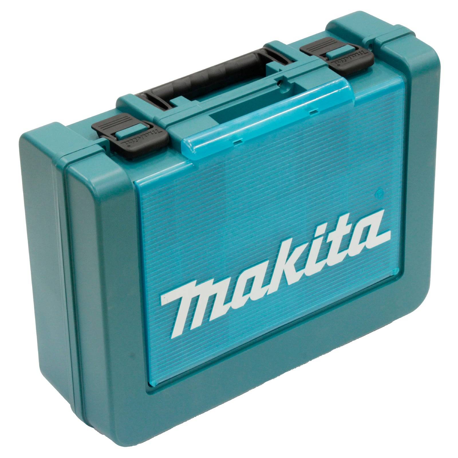 Eine petrolblaue Makita Werkzeugkoffer mit schwarzem Griff und dem 'Makita' Logo in weiß an der Seite.
