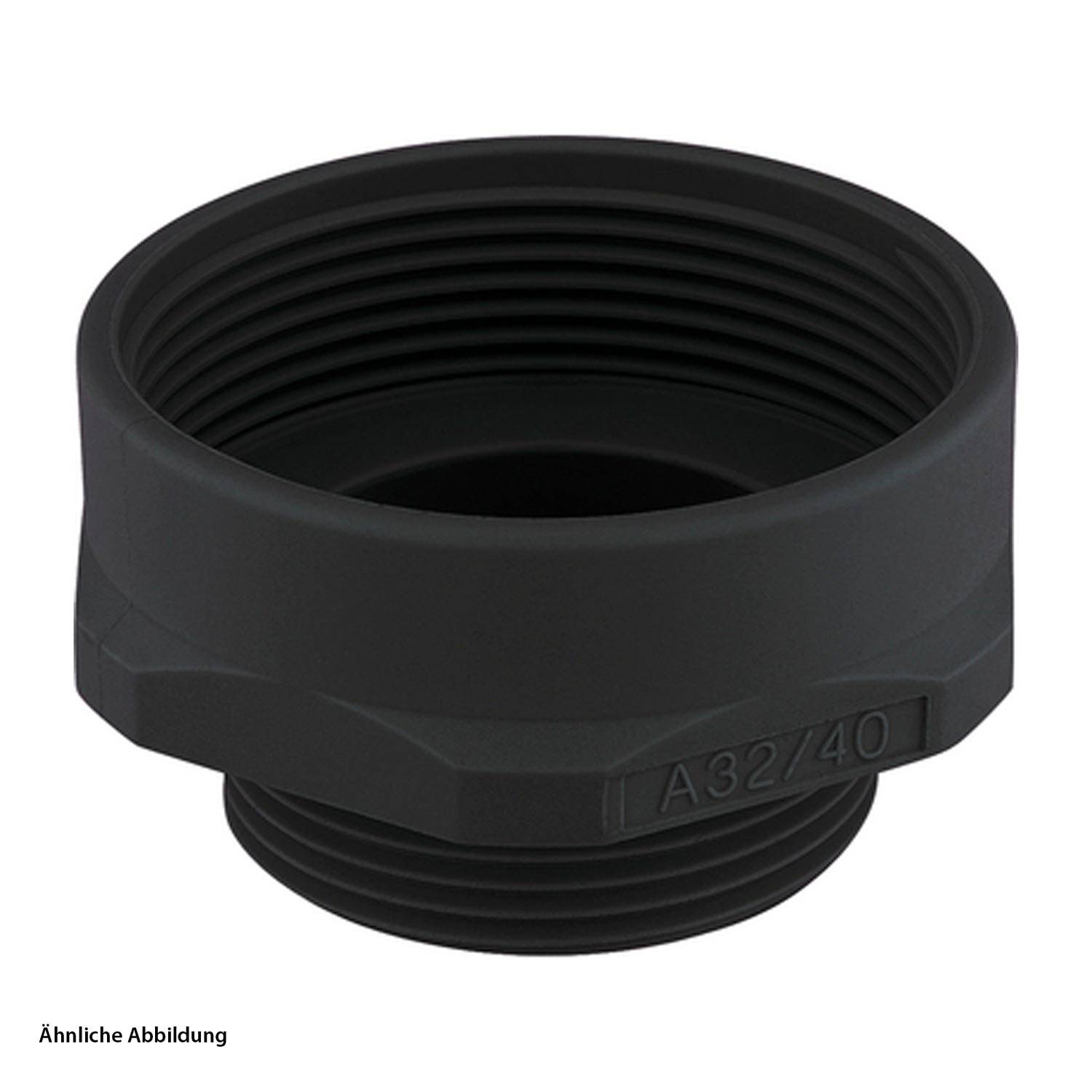 Ein schwarzer Kunststoff-Gewindeanschluss mit der Beschriftung 