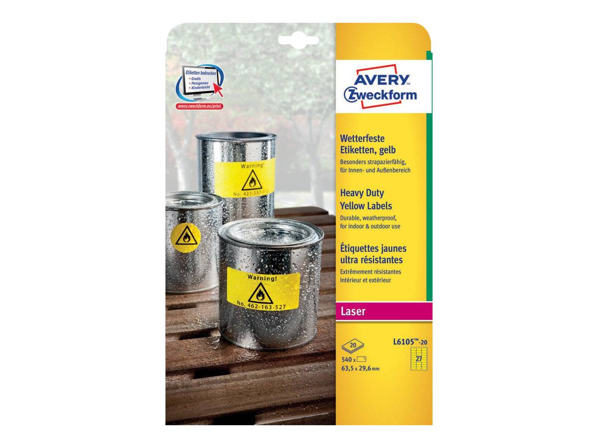 Avery Zweckform wasserfeste gelbe Hochleistungsetiketten für Laserdrucker, gezeigt auf Metalldosen mit Warnsymbolen.