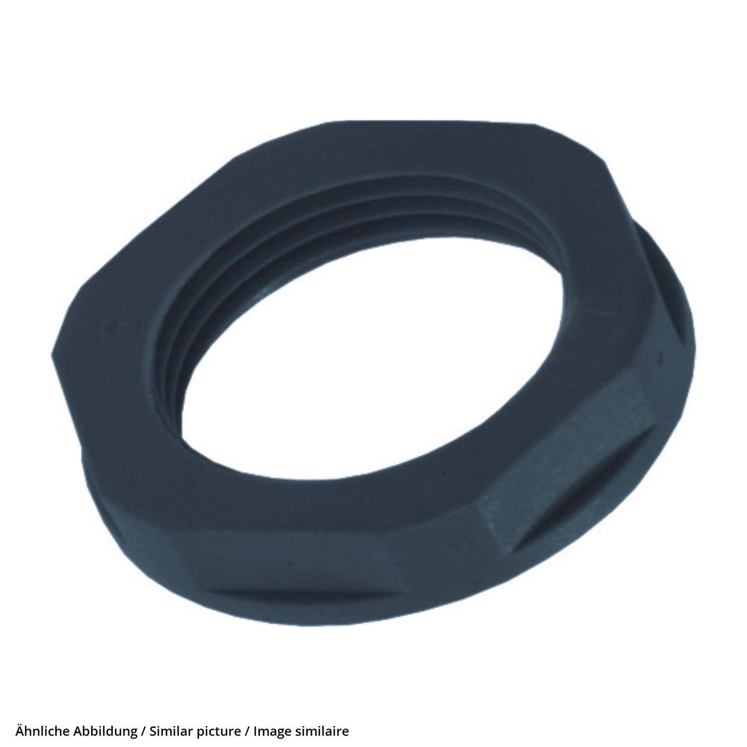 Eine sechseckige schwarze Kunststoffmutter mit Innengewinde, wahrscheinlich zur Befestigung von Teilen in mechanischen oder industriellen Anwendungen verwendet.