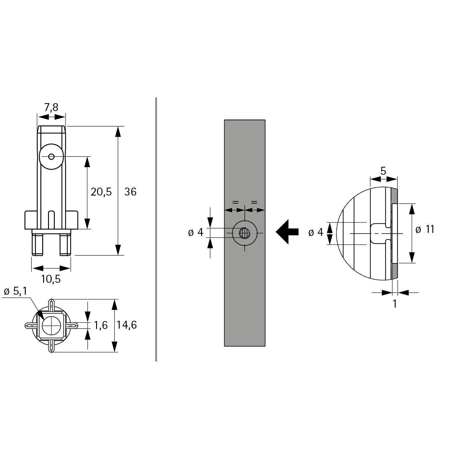 Technische Zeichnung einer mechanischen Komponente mit Draufsicht, Seitenansicht und Vorderansicht, die Abmessungen und Messungen in Millimetern zeigt.