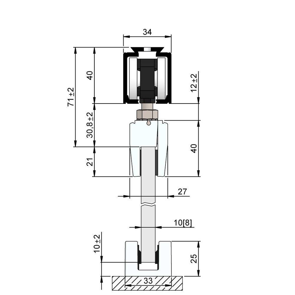 Technisches Diagramm mit Seitenansicht eines mechanischen Teils mit Maßangaben. Die Abmessungen umfassen 34, 40, 21, 27, 25 und 33, unter anderem.