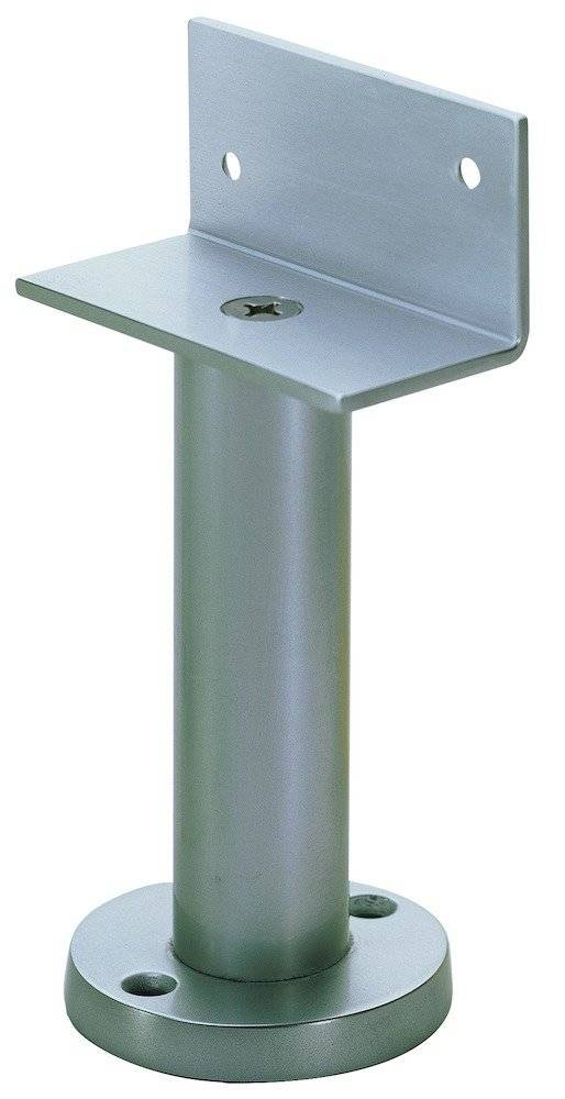 Metallisches Regalträgerstützelement mit vertikalem Rohrpfosten und L-förmiger horizontaler Stütze mit Schlitzschraube zur Befestigung.