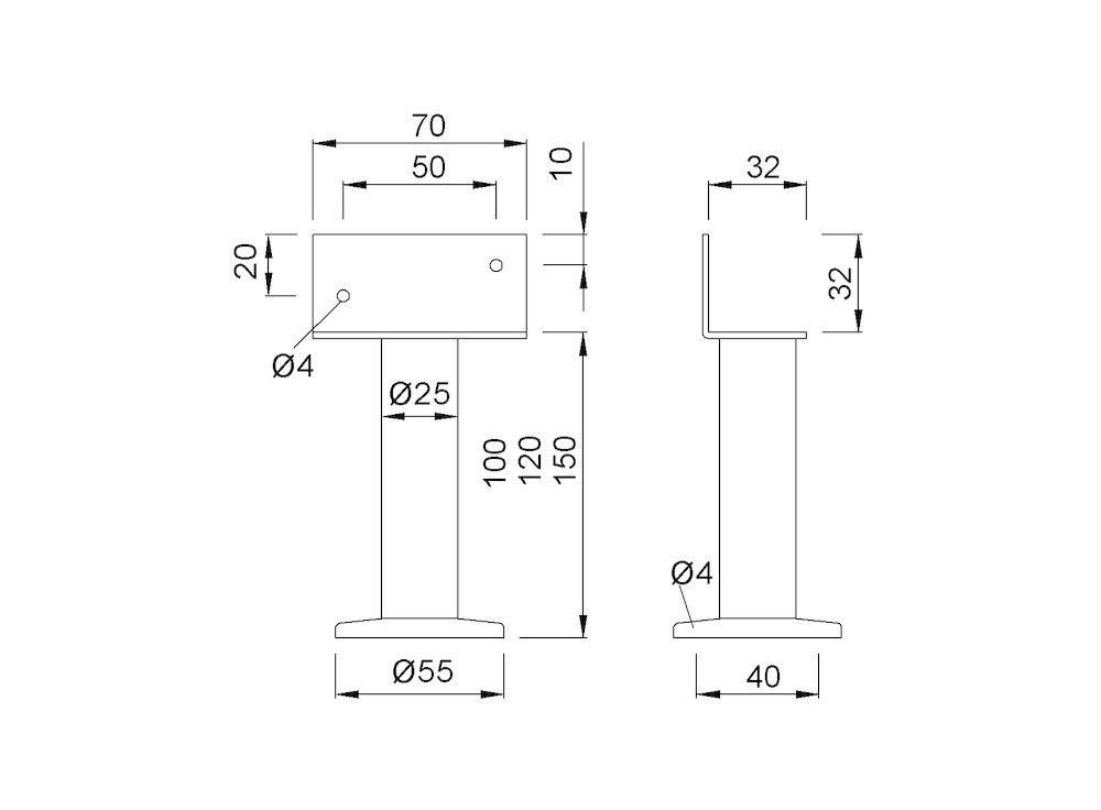 Technisches Diagramm eines Ständers mit den folgenden Abmessungen: Höhe 100-150, Basisdurchmesser Ø55, Oberseite Abmessungen 70x50x20, Seitenansicht Höhe 32, Basisbreite 40.