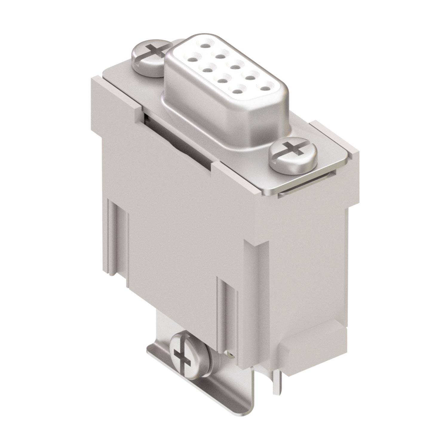 Ein grauer, wandmontierter weiblicher D-Sub-Stecker mit neun Stiftlöchern, ausgestattet mit zwei Schrauben zur sicheren Befestigung.