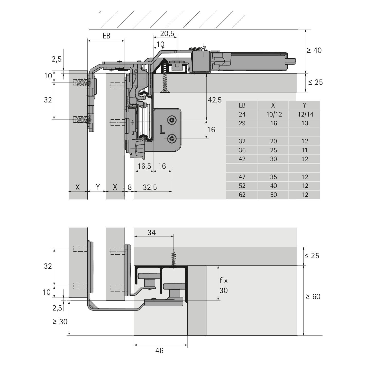 Technisches Diagramm, das Querschnittsansichten eines mechanischen Scharnierystems mit detaillierten Maßen und einer Spezifikationstabelle zeigt.