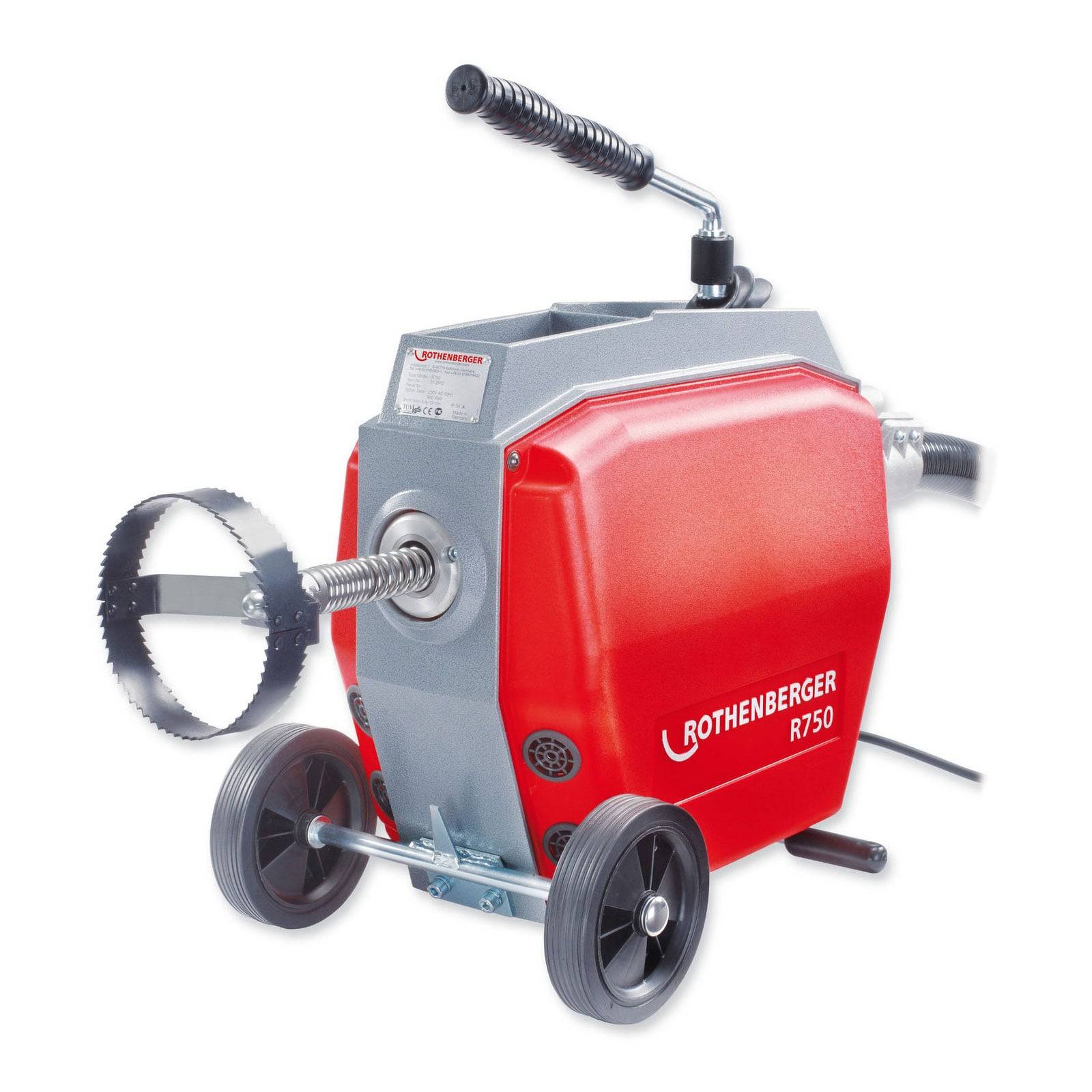Eine rote Rothenberger R750 Rohrreinigungsmaschine mit einem Metallschneider ist auf Rädern montiert und verfügt über einen Griff für bessere Mobilität.