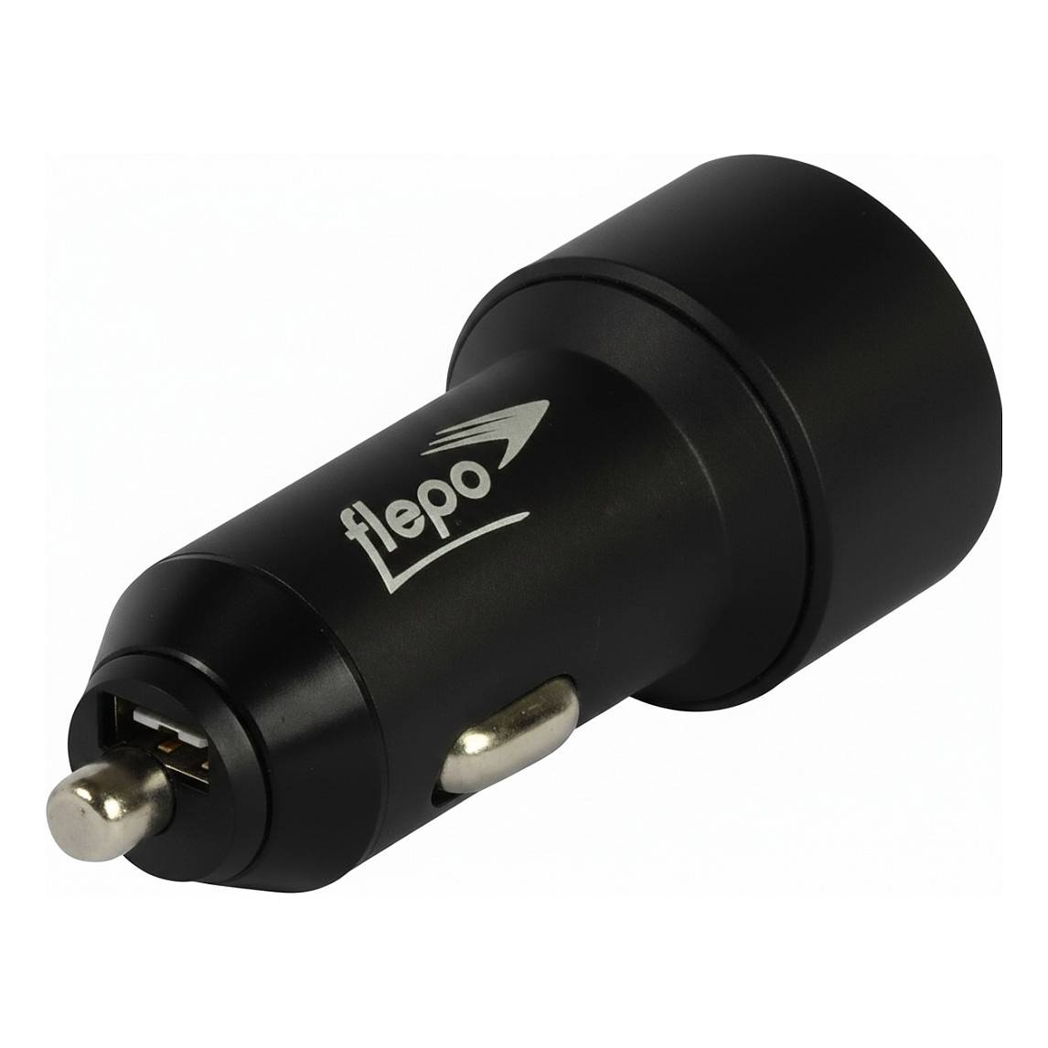 Schwarzer Flepo Auto-Zigarettenanzünder-Stecker-Adapter mit Metalspitze und Seitenkontakt auf weißem Hintergrund
