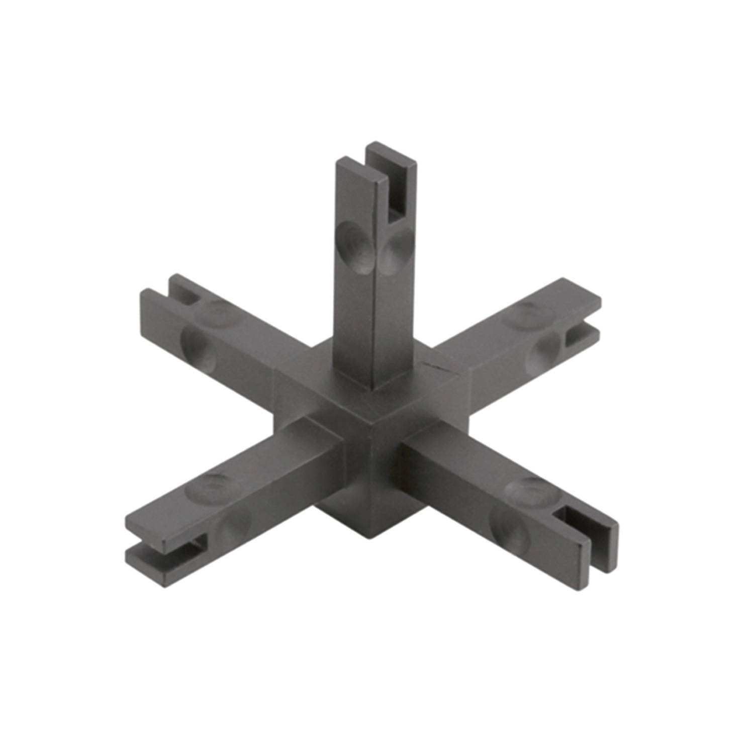 Ein schwarzer Kunststoff-Kreuzverbinder mit sechs Nuten, entwickelt um Balken oder Paneele in rechten Winkeln zu verbinden, verwendet in modularen Konstruktionssystemen.