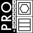 PRO' ist vertikal mit den Zahlen 1 bis 8 in einer Spalte daneben auf einem schwarzen Hintergrund ausgerichtet, Design wahrscheinlich für eine Liste oder Sequenz.