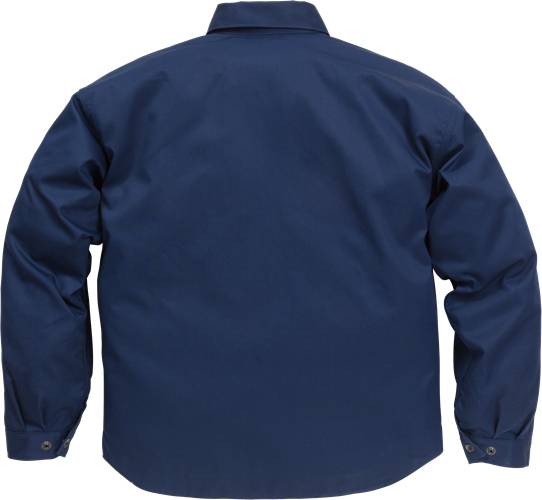 Eine marineblau-farbene, langärmelige Jacke, von hinten gezeigt mit einem Kragen, konzipiert für lässige oder formelle Anlässe.