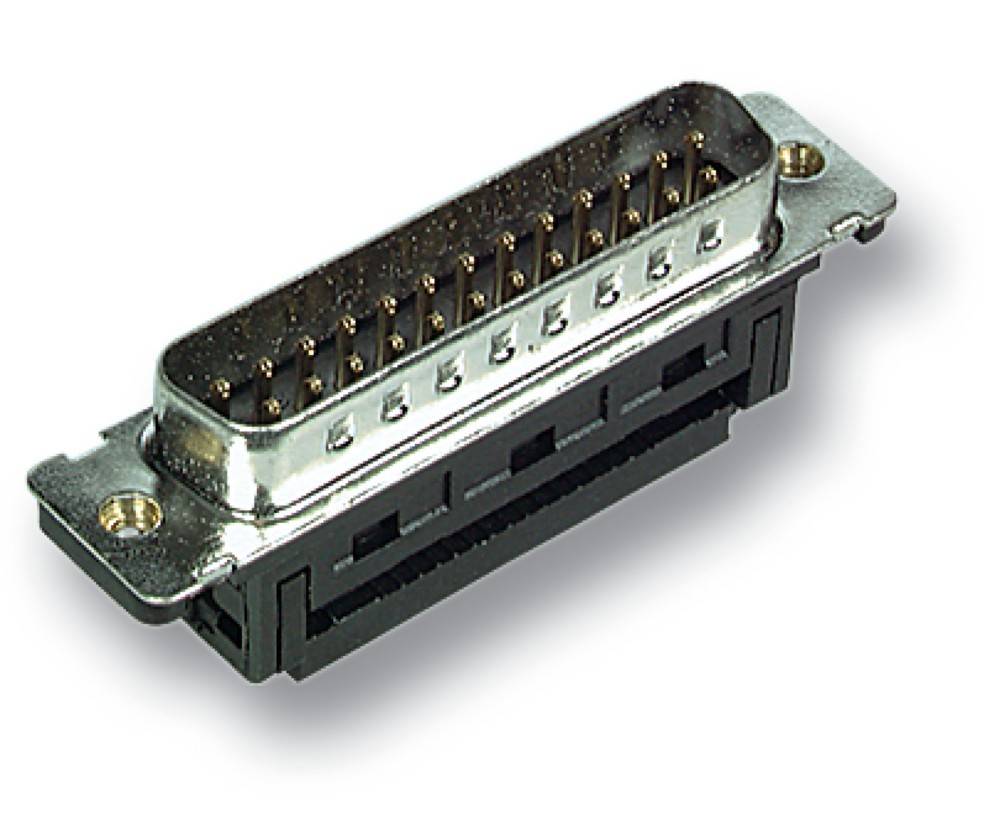 Ein 24-poliger elektronischer Steckverbinder mit einem rechteckigen metallischen Außengehäuse und einem schwarzen Kunststoffgehäuse, entwickelt für Computer- oder Datenverbindungen.