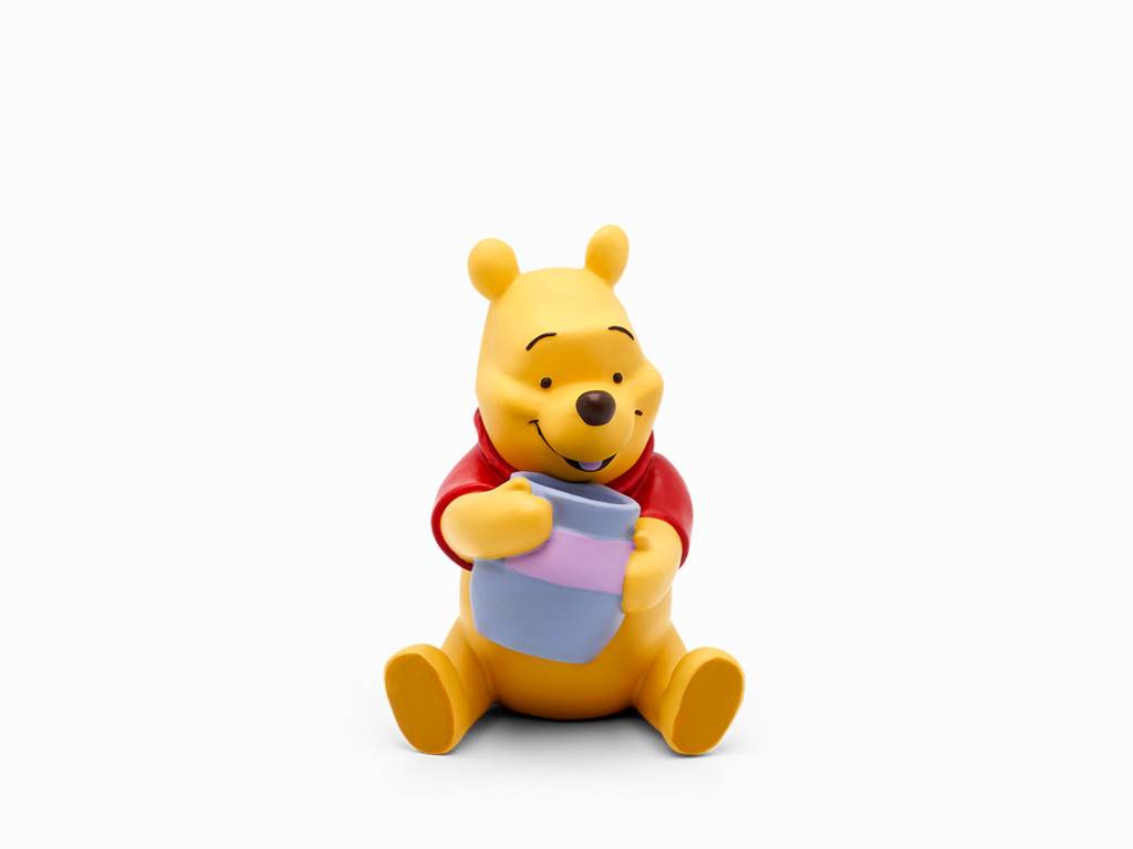 Winnie-der-Bär-Figur, die einen blau-violetten Topf hält, sitzend vor einem schlichten weißen Hintergrund.