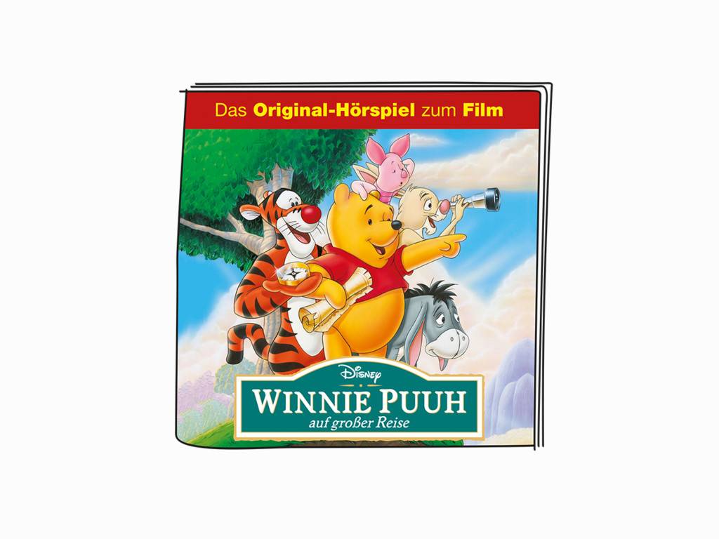 Covergestaltung für Disneys Winnie Puuh auf großer Reise, das Winnie the Pooh mit Tigger, Piglet, Roo und Eeyore bei einem Abenteuer zeigt; der Text lautet „Das Original-Hörspiel zum Film