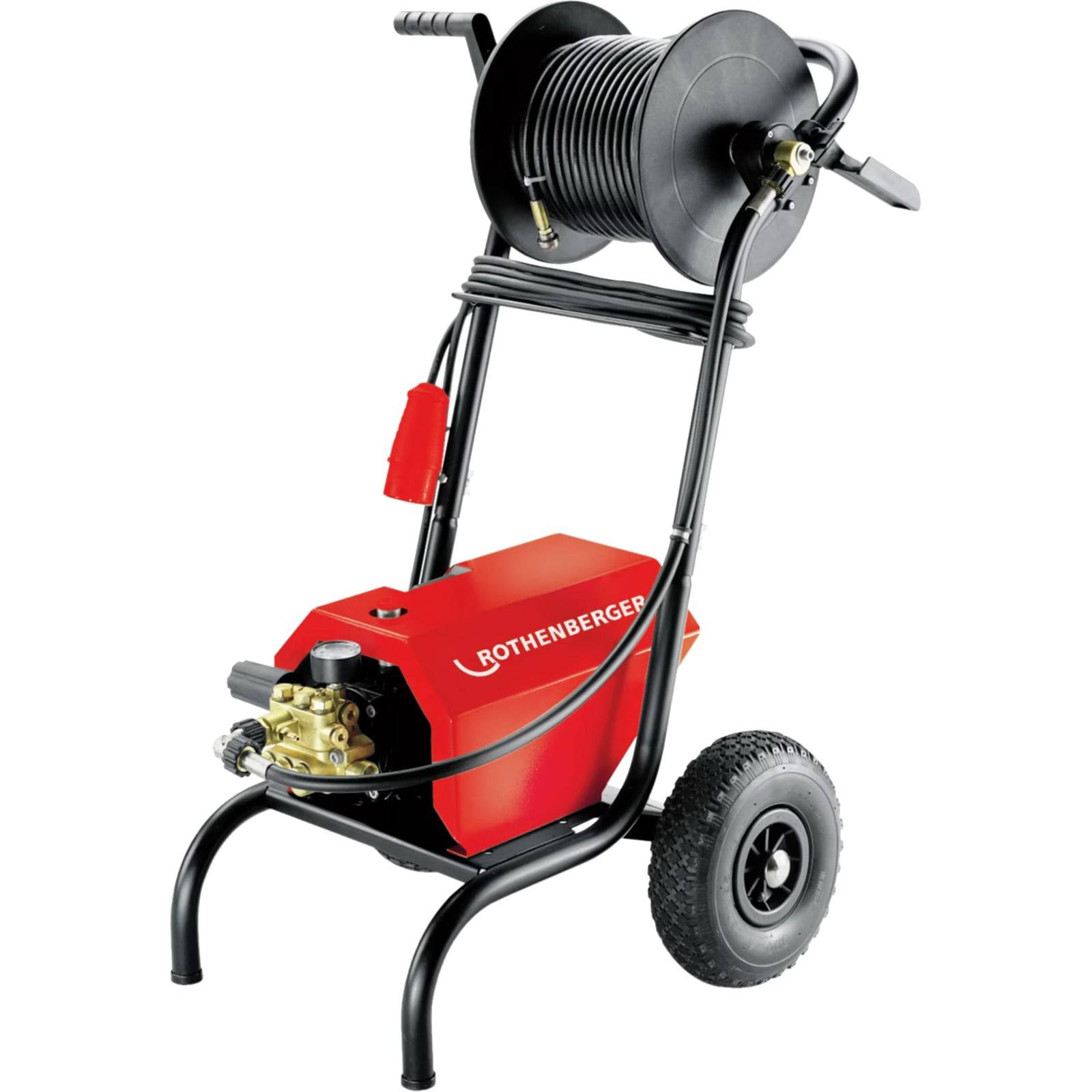 Ein roter industrieller Schlauchwagen mit Rollen, beschriftet mit 'Rothenberger', ausgestattet mit einer aufgewickelten schwarzen Schlauchleitung und angebrachter Sprühdüse.