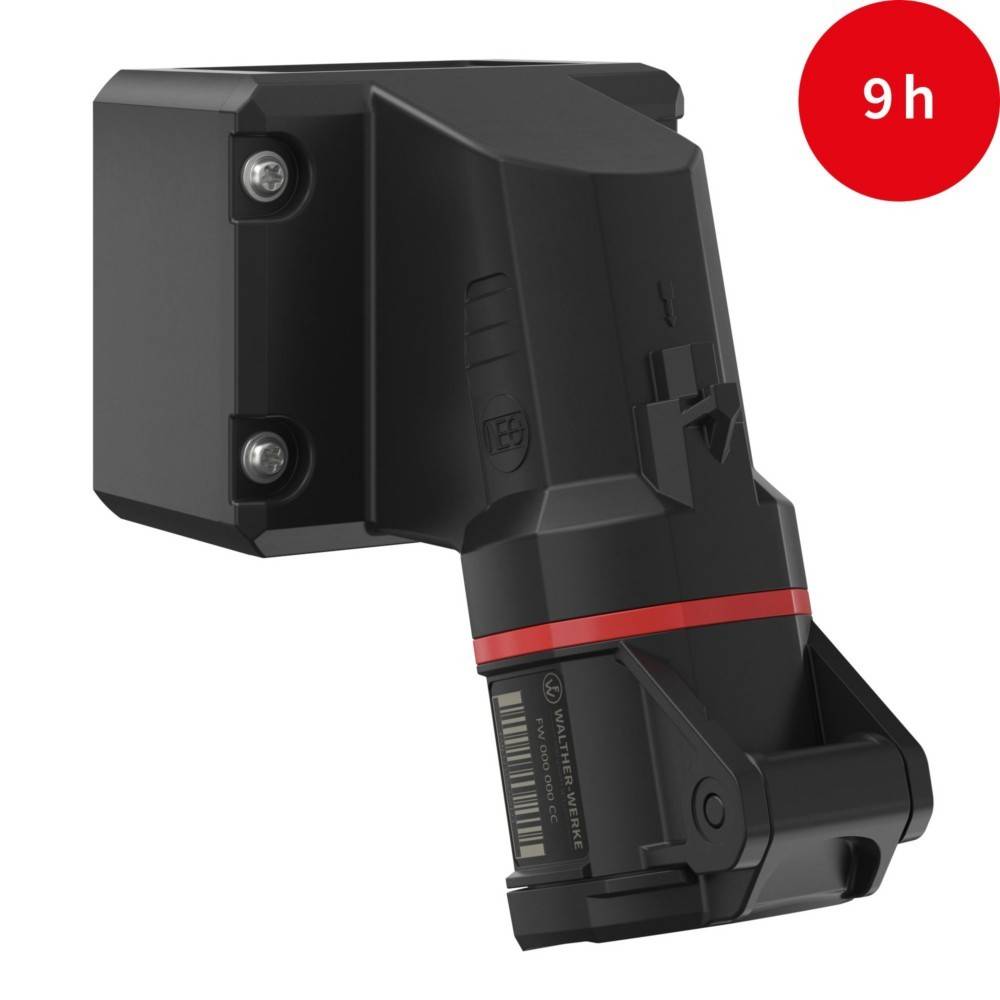 Eine modulare schwarze Robotekomponente mit rotem Akzent und digitalen Details. Der rote Kreis in der oberen rechten Ecke zeigt '9h'.