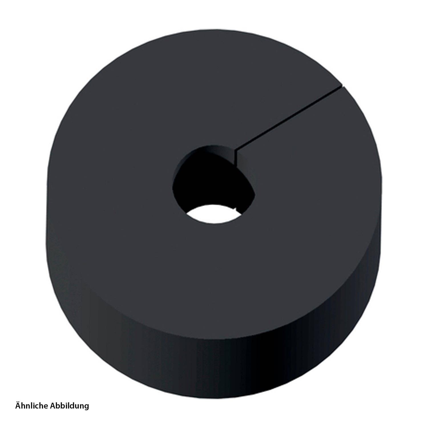 Ein schwarzes zylindrisches Objekt, das einem Donut ähnelt und auf einer Seite einen Schlitz hat, wahrscheinlich ein Ringmagnet oder Abstandshalter.