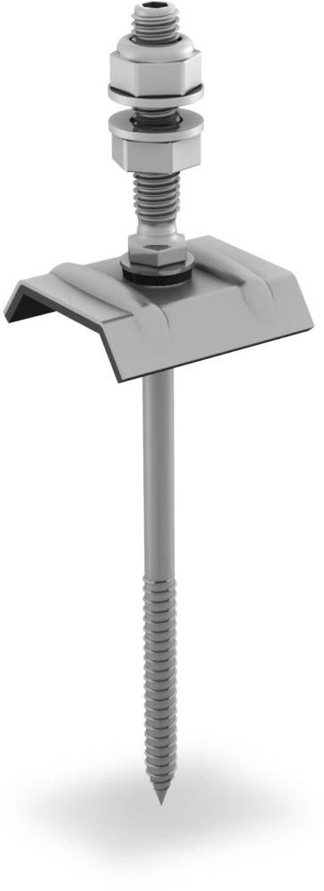 Eine graue Klemme mit einem Gewindestift wird vertikal dargestellt, wobei ihr industrielles Design und ihre Metallkonstruktion hervorgehoben werden.