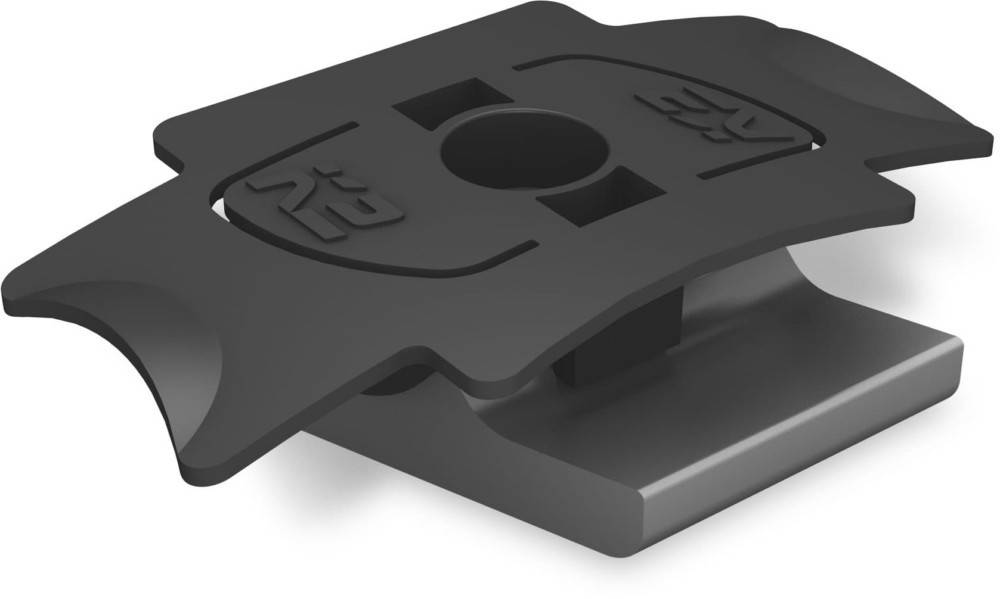 Eine schwarze Kunststoffhalterung mit rechteckiger Grundfläche und zentralem Befestigungspunkt, die durch ein minimalistisches Design und geprägte Symbole gekennzeichnet ist.