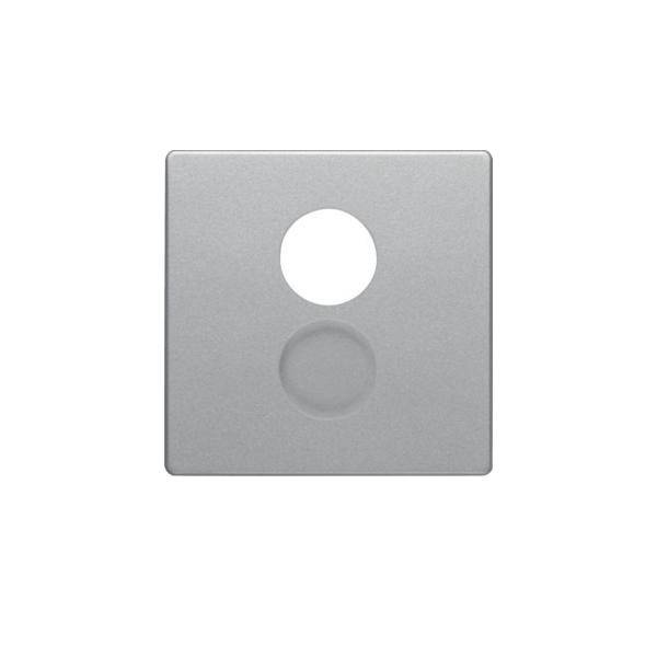 Eine quadratische silberne Metallplatte mit zwei kreisrunden Aussparungen, einer größeren oben und einer kleineren darunter, die wahrscheinlich als Montagebefestigung verwendet wird.