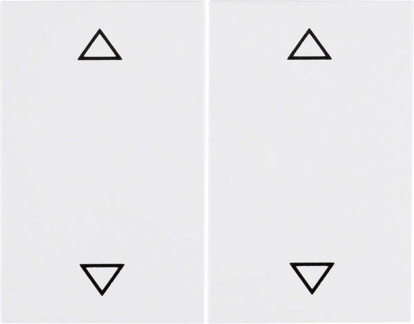 Zwei identische Lichtschalter mit minimalistischen dreieckigen Auf- und Ab-Symbolen, die eine Doppelsteuerung zur Einstellungsanpassung anzeigen.