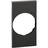 Eine rechteckige schwarze Platte mit einer großen kreisförmigen Aussparung in der Mitte, möglicherweise eine Abdeckung für einen Schalter oder eine Steckdose.